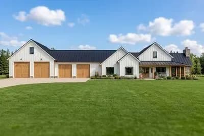 Modern Barndominium House Plan with 4-Car Garage, Workshop, and Loft