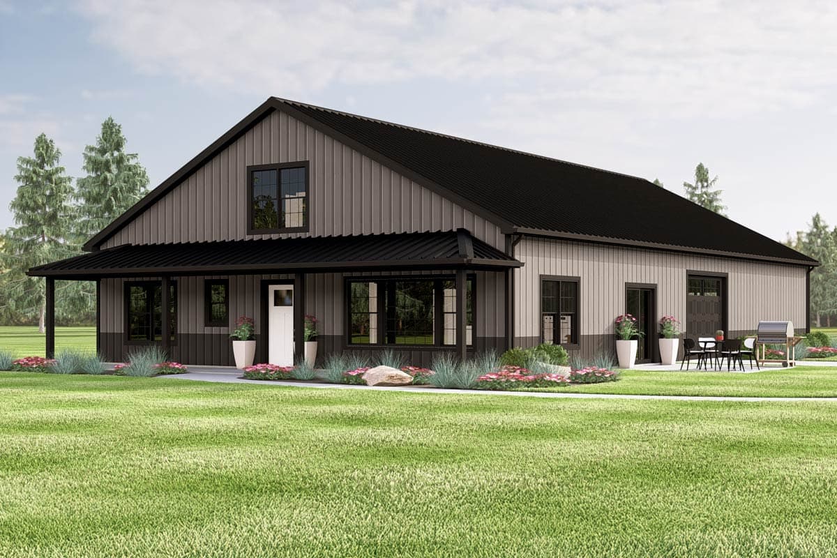 House plan exterior with modern farmhouse style. Features include a covered porch, a gable roof, and vertical siding. Two stories.