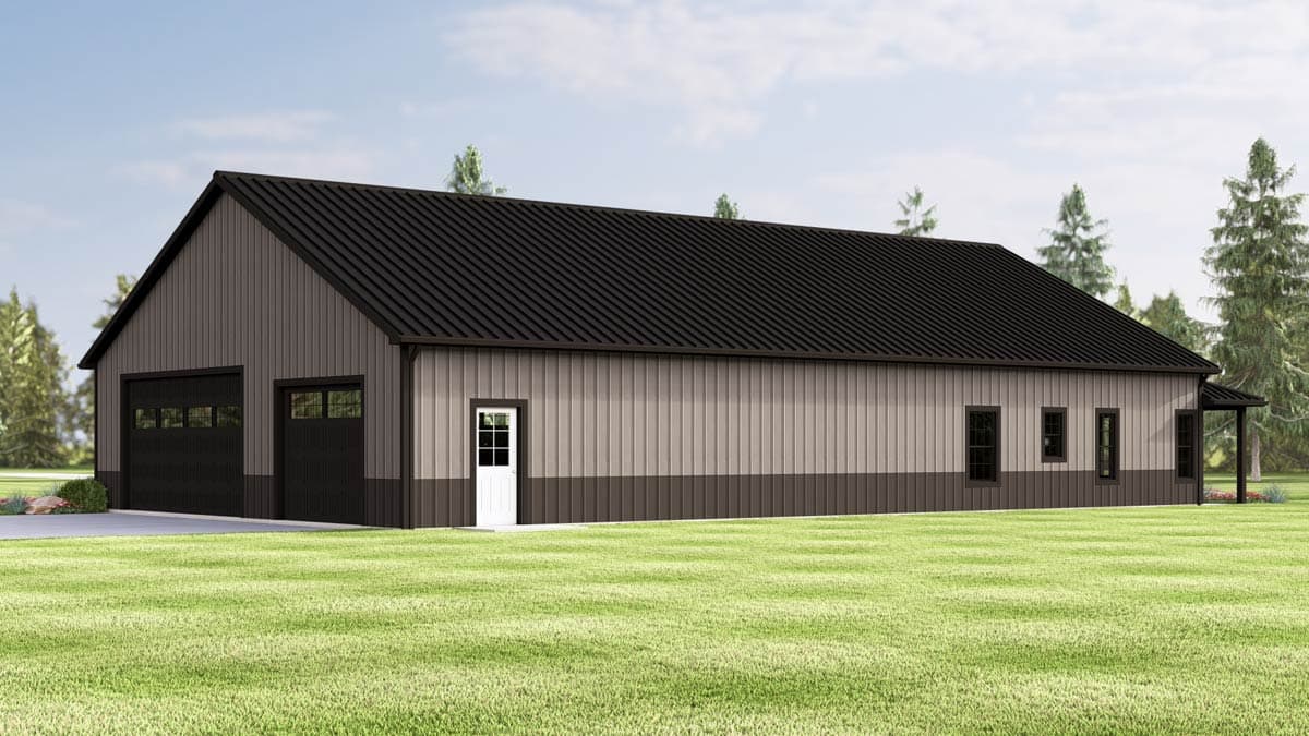 House plan exterior: Metal siding, gabled roof, two garage doors, one entry door, covered porch area.