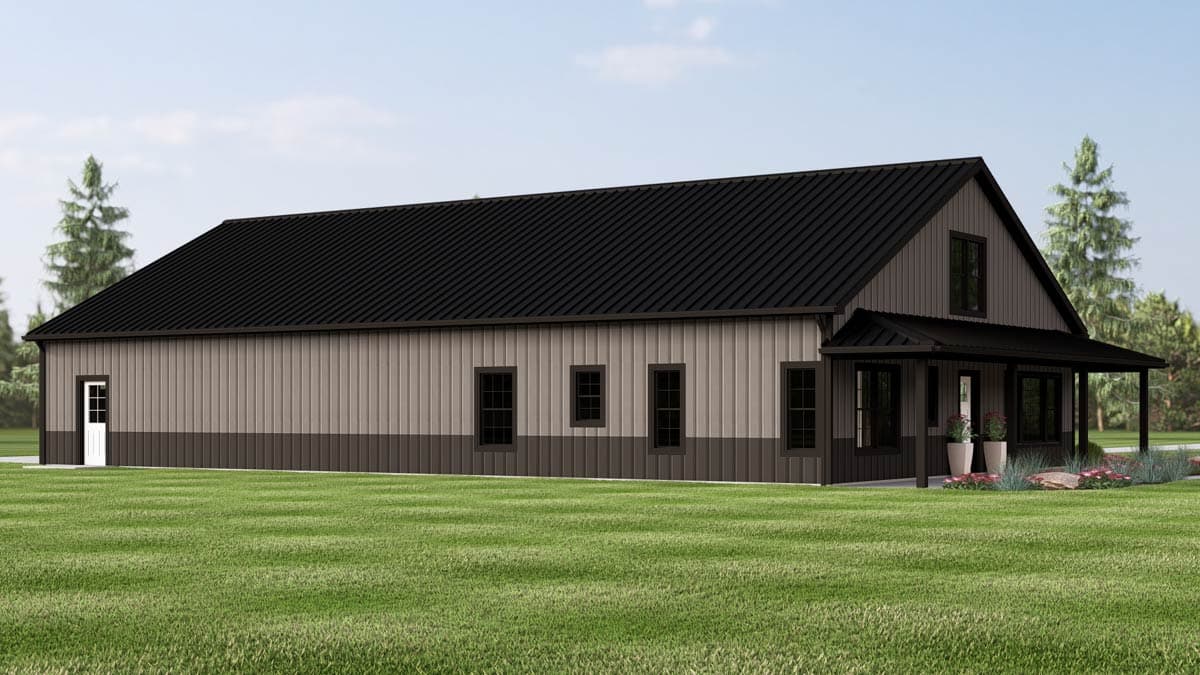 Modern Farmhouse house plan exterior with a covered front porch, metal roof, and two-tone siding.