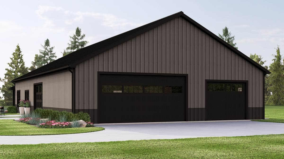House plan exterior with a tall gable roof, metal siding, and two black garage doors with windows.