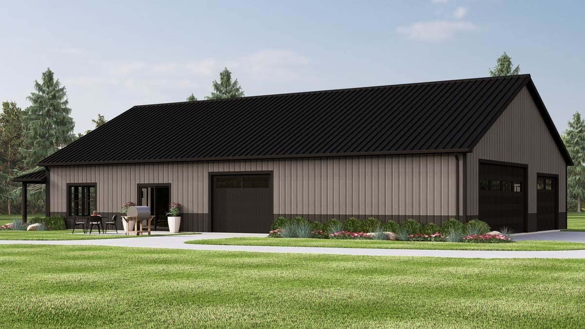 House plan exterior with vertical siding, dark metal roof, covered porch, one single garage door, and one double garage door.