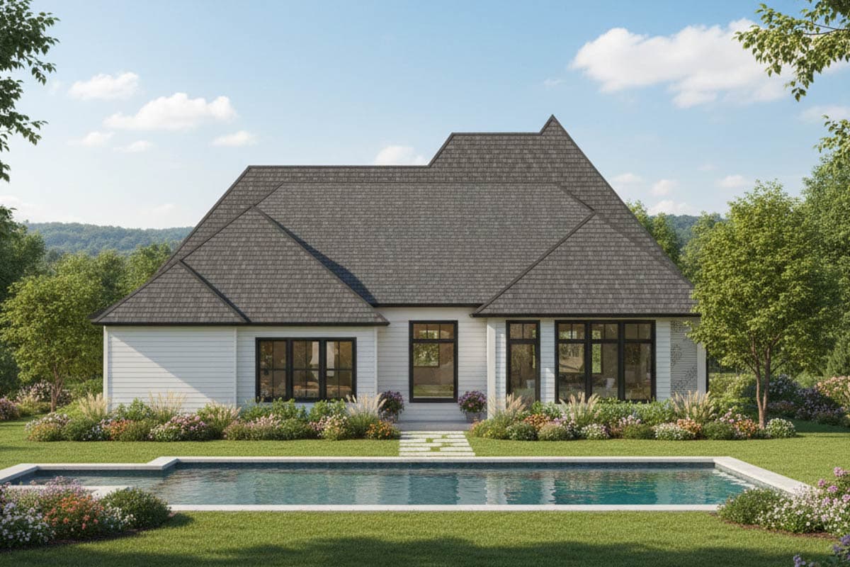 House plan exterior, contemporary style with gabled roof, horizontal siding, and large dark-framed windows.