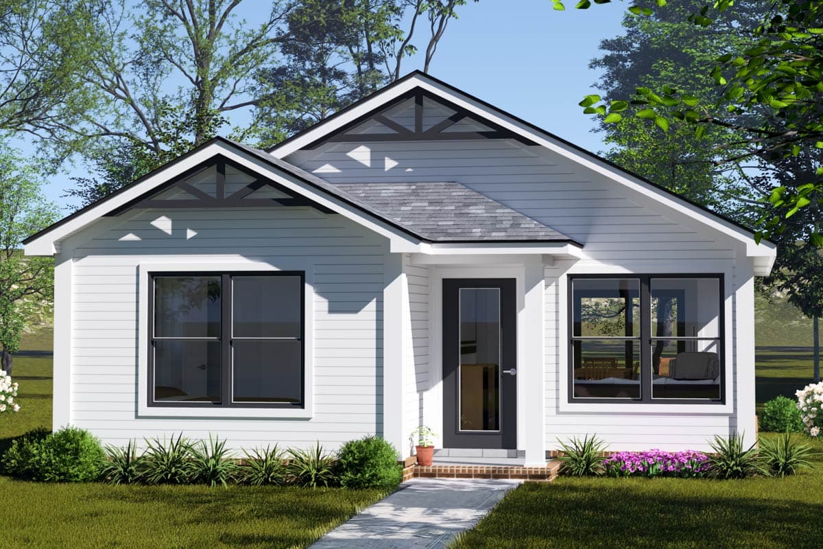 House plan exterior: Single-story home with white horizontal siding, gabled roof, dark trim, and decorative gable vents.