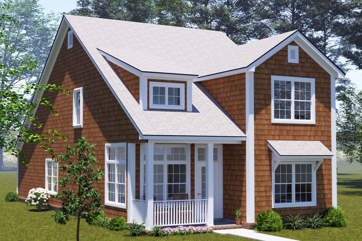 House plan exterior, two stories, wood shingle siding, front porch, dormer window, and multiple gables.