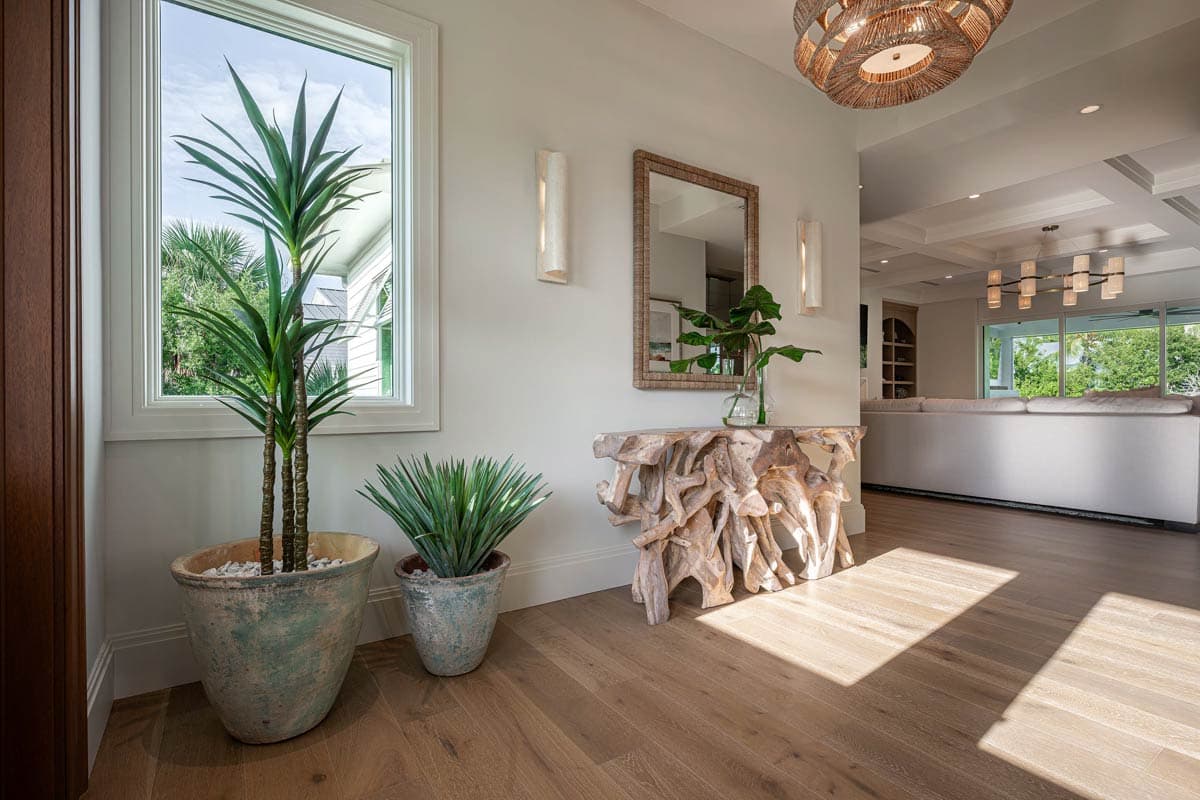 A sunlit entryway features potted plants, a driftwood console table with mirror, and leads to a living room with a large window.