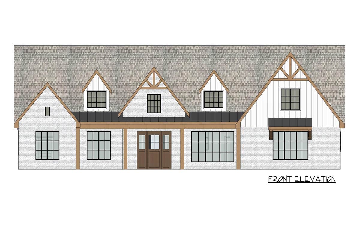 Architectural rendering of a modern farmhouse. Features a white brick facade, multiple gabled dormers with black-framed windows, and a shingle roof.