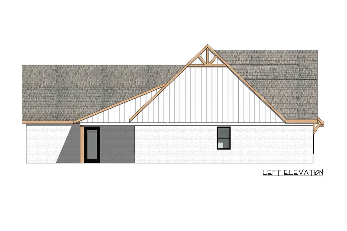 Architectural rendering of a house's left elevation. Features include a pitched roof with gray shingles, a white brick exterior, and a single window.