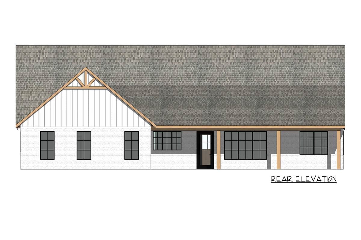 Architectural rendering of a white, single-story house. Features a gabled roof and a porch. There are several windows and a front door visible.