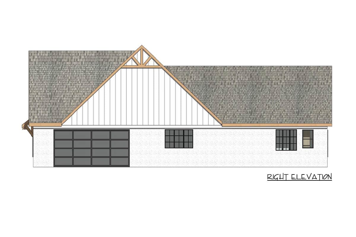 Architectural rendering of a house's right elevation, showcasing a garage with glass panels, various windows, and a shingled roof with a gable.