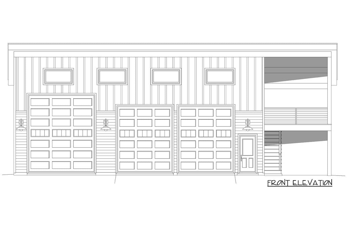 Front elevation of modern RV garage apartment plan 680627VR with three garage doors and second-floor balcony