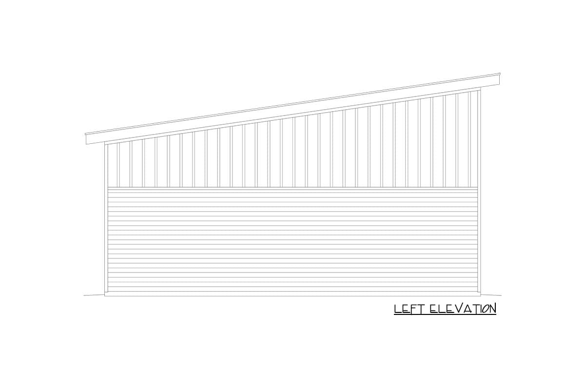 Left elevation of modern detached 3-bay RV garage with upper-level studio loft and sloped roof