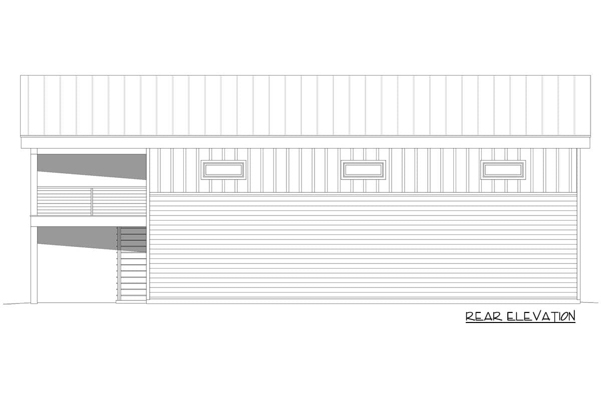 Rear elevation of modern garage apartment plan showing balcony, windows, and two-story RV garage structure