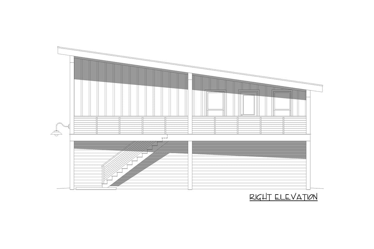 Right elevation of RV garage plan 680627VR featuring exterior staircase to studio loft and modern roofline