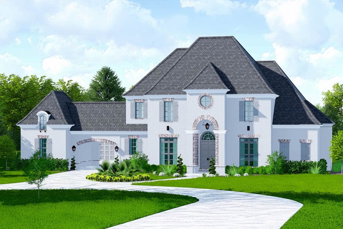 House plan exterior. Two-story home with a brick facade and gabled roof. Features include a portico, dormers, and an attached garage.