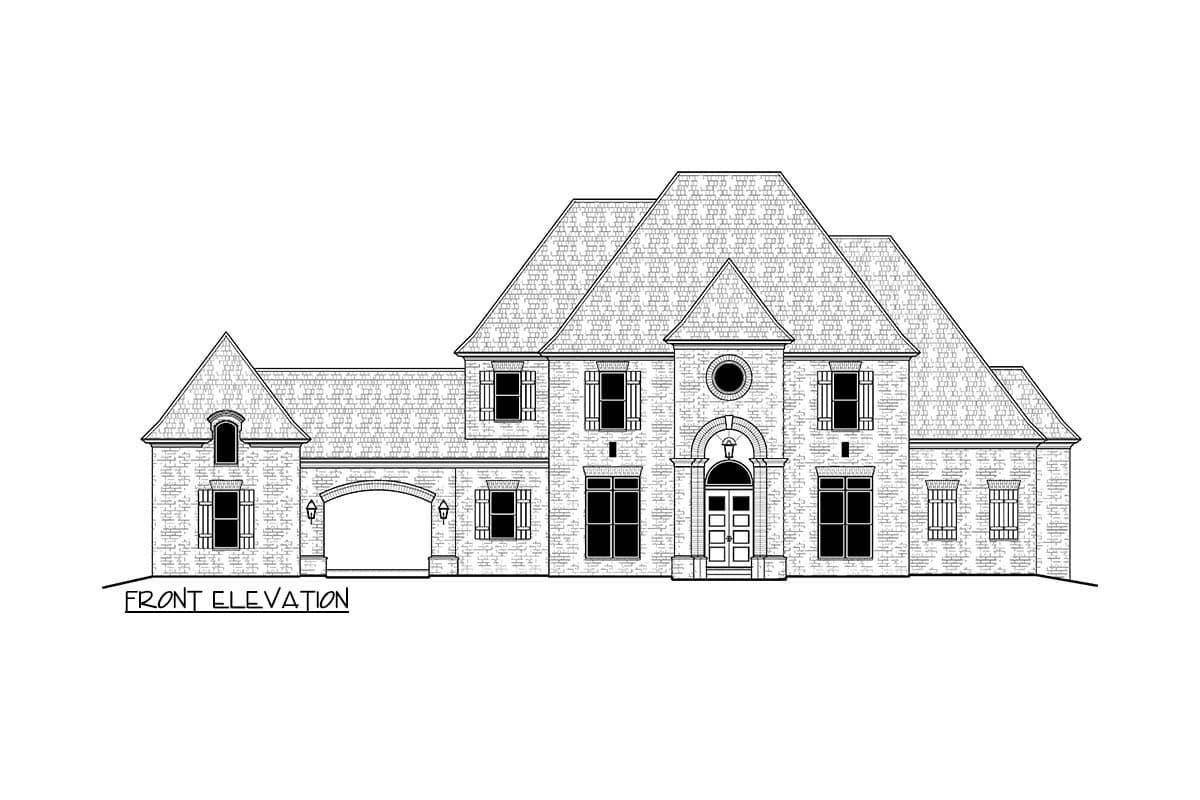 Front elevation drawing of a two-story house with a central arched entryway, multiple gables, and a detached arched garage.