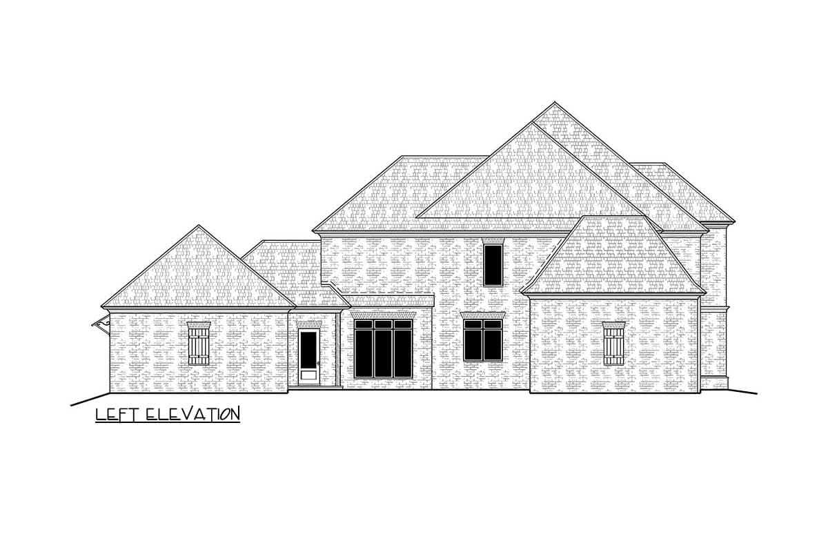 Left elevation drawing of a two-story brick house with multiple gables and a shingled roof.