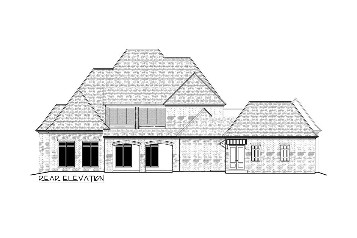Rear elevation drawing of a house plan featuring multiple gables, brick exterior, a covered entry, and large windows.