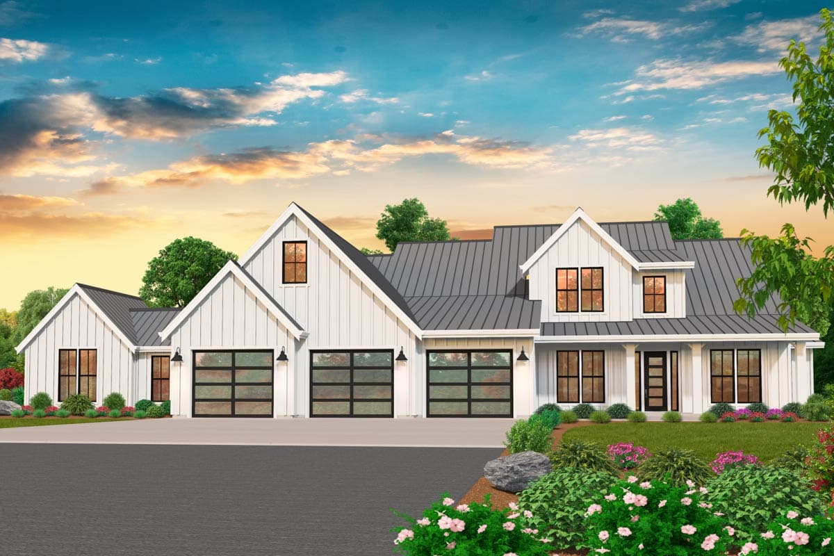 House plan exterior rendering. Modern farmhouse style with gabled roof, dormers, and multiple garage bays.