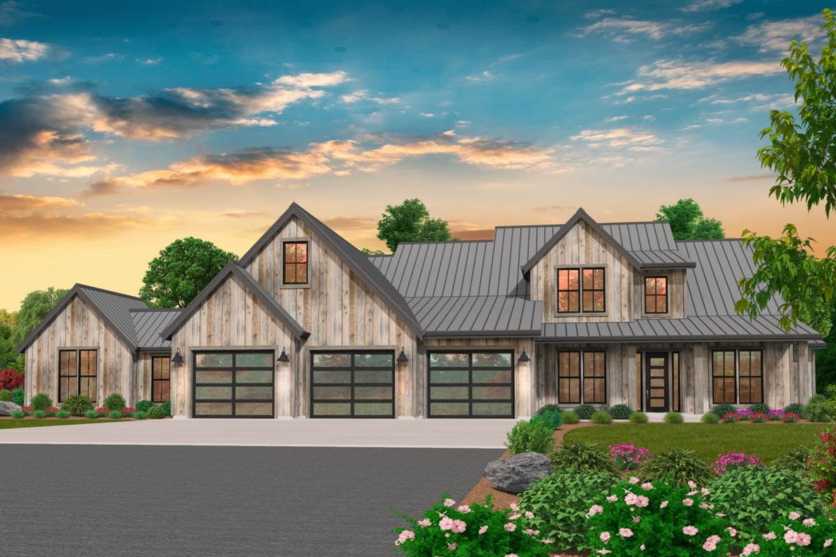 Modern Farmhouse house plan exterior with wood siding, metal roof, three-car garage, and prominent gables.