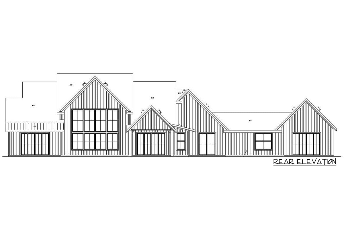 Rear elevation drawing of a Modern Farmhouse style house plan with multiple gables, large windows, and shed roof dormer.