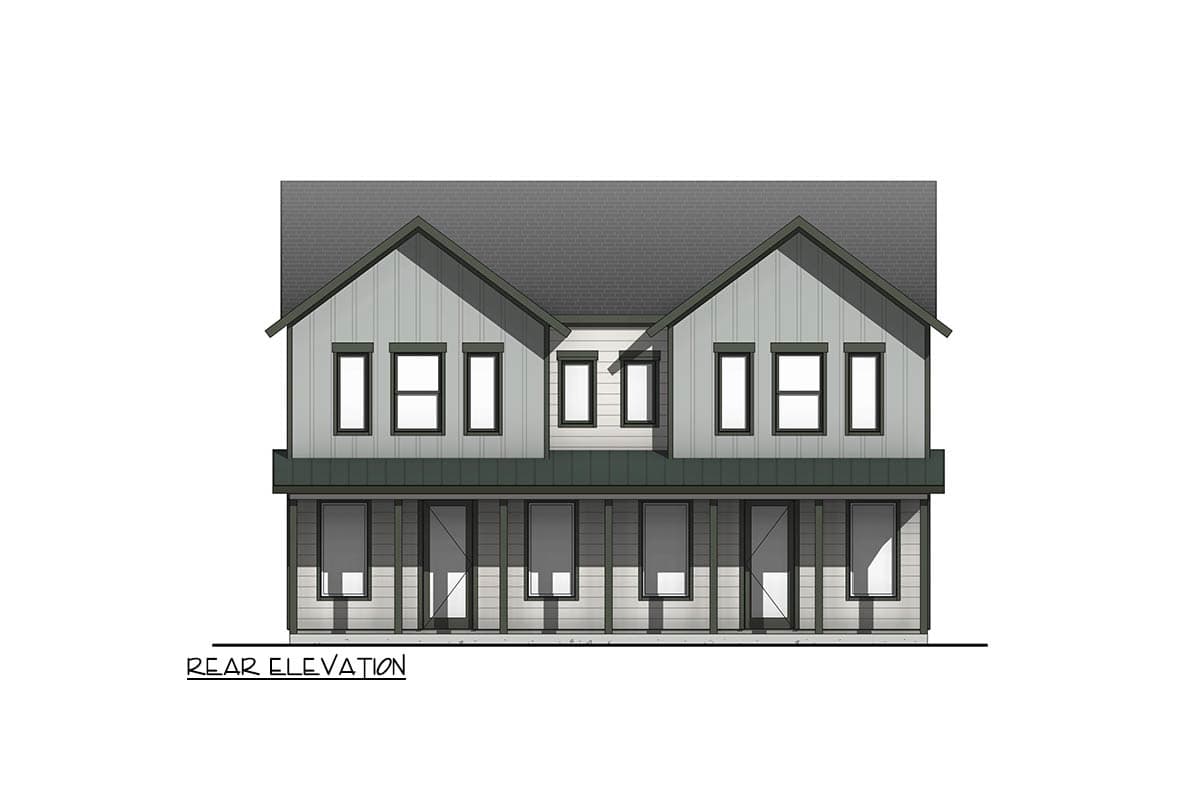 Rear elevation drawing of a two-story house with gabled roofs, vertical siding, and a covered porch with multiple windows.