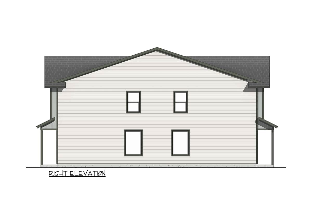 House plan right elevation drawing shows a two-story building with horizontal siding, a gable roof, and two small covered porches.