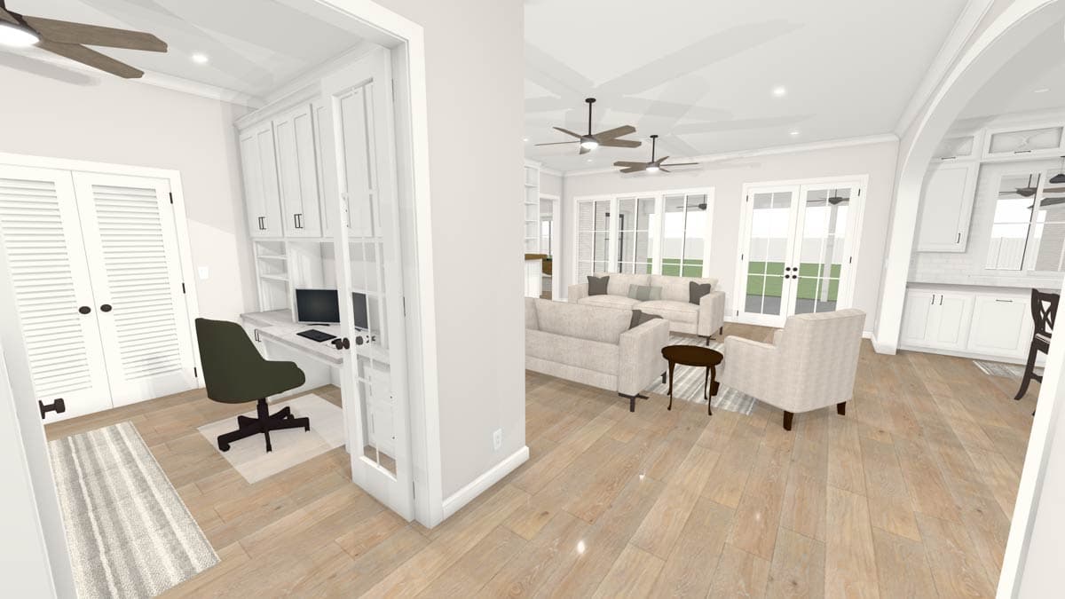 A modern home interior showcases an office area and open living space with neutral tones, light wood floors, and French doors.