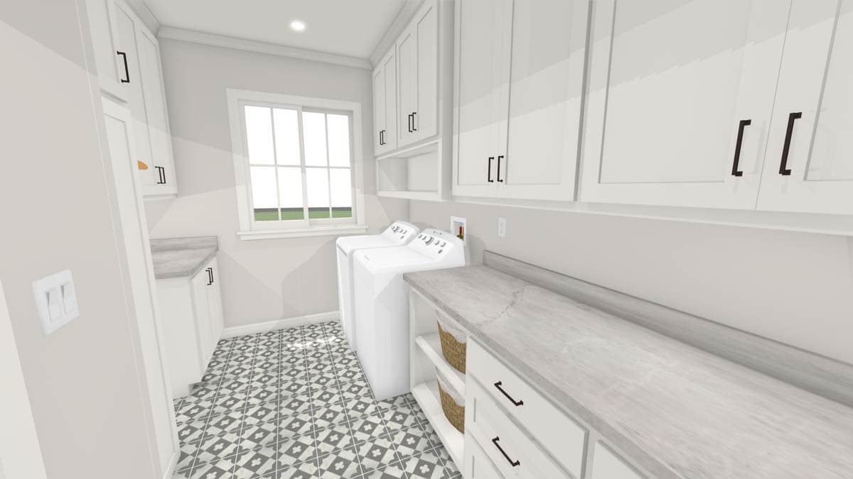 A modern laundry room with white cabinets, a gray countertop, and a patterned tile floor. Washers and dryers are in the center.