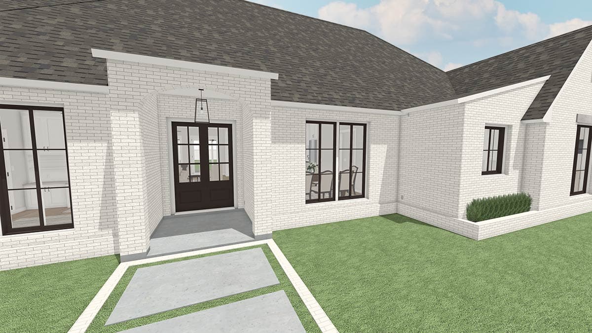 Exterior rendering of a modern house with white brick, dark trim windows, and a black front door. Lush green lawn with stone walkway.