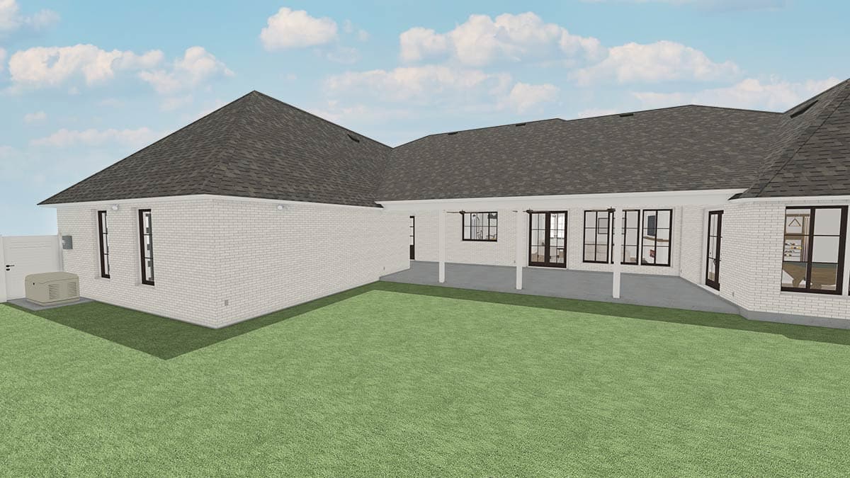 A rendered view of a modern brick house with a dark roof and large glass doors leading to a patio.
