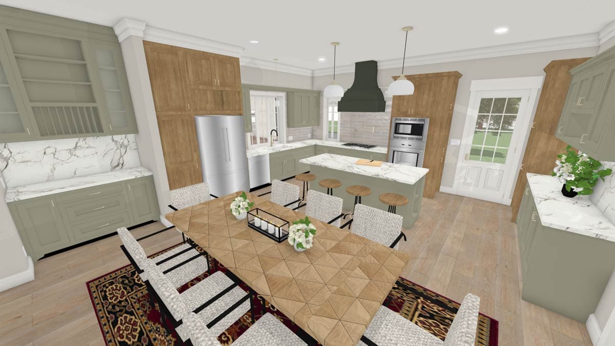 A modern kitchen with a large dining table, an island with bar stools, and stainless steel appliances. The cabinets are wood and green.