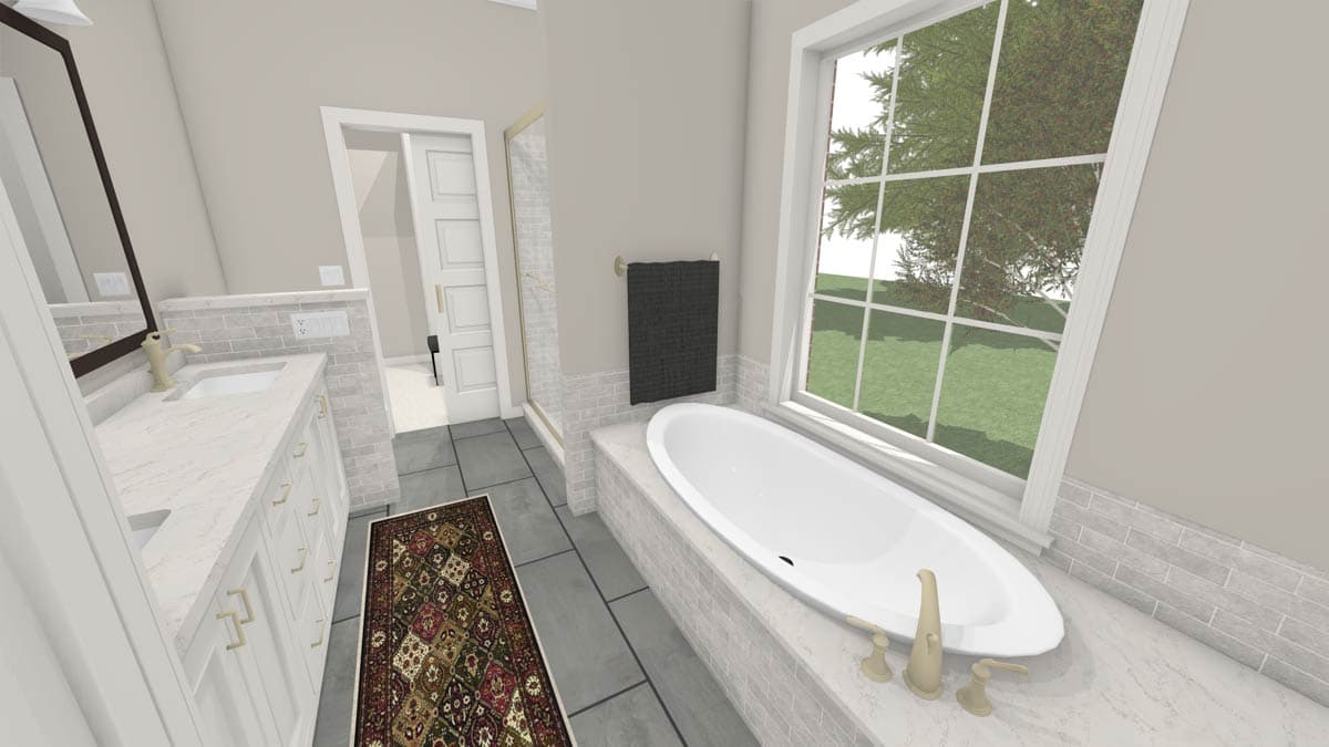 A modern bathroom features a large oval tub by a window, a vanity with a mirror, and a patterned rug on the floor. The walls are neutral in tone.
