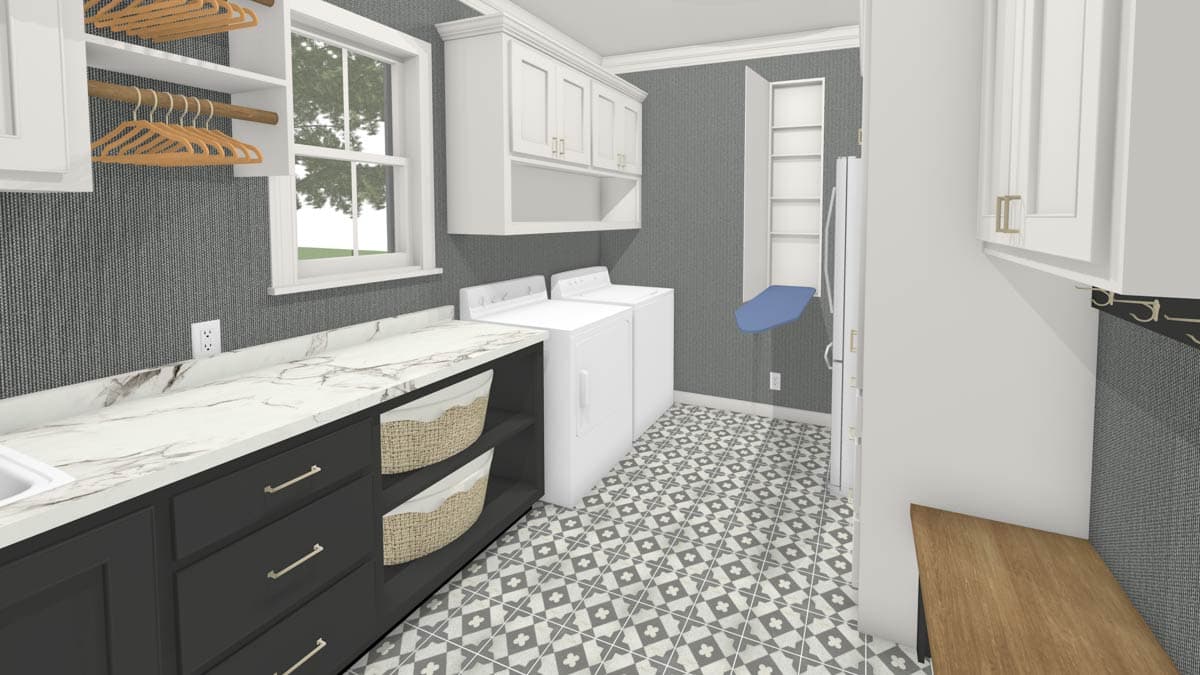 A modern laundry room design features white cabinetry, marble countertops, and patterned tile flooring. Washers and dryers are visible, along with an ironing board.