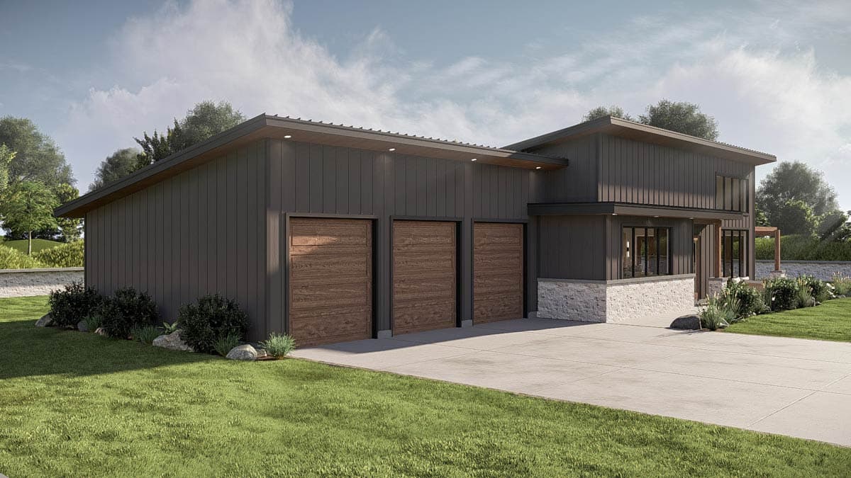Modern house plan exterior featuring a dark metal facade, three wooden garage doors, stone wainscoting, and a multi-level roofline.