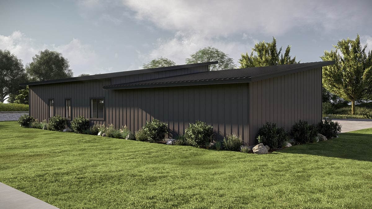 House plan exterior with asymmetrical roofline, vertical siding, and three rectangular windows. Modern style.