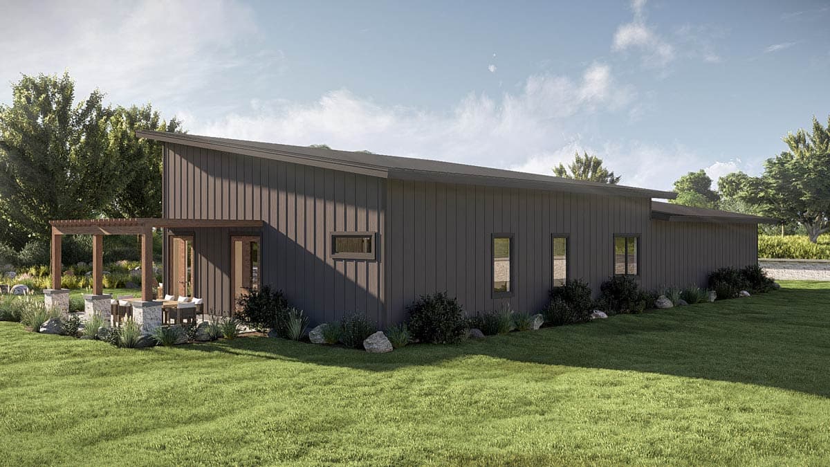 Modern house plan exterior with a shed roof, dark vertical siding, covered patio with pergola, and multiple horizontal windows.