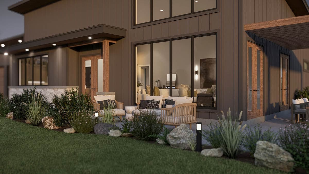 Modern house plan exterior with dark vertical siding, large windows, covered porch, and wood doors.