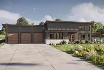 Contemporary Barndominium House Plan with 3-Car Garage and Two-Story Great Room