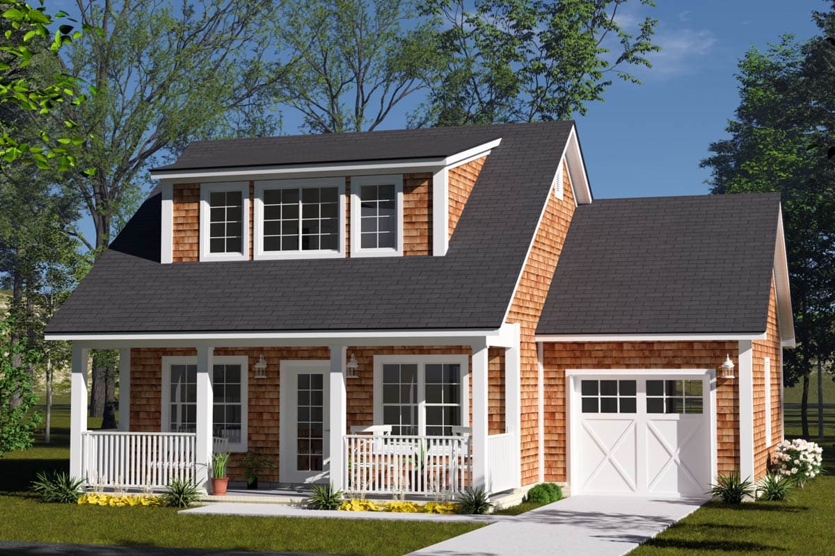 House plan exterior. Two-story cottage with porch, dormer, and attached garage. Features cedar shake siding and gabled rooflines.