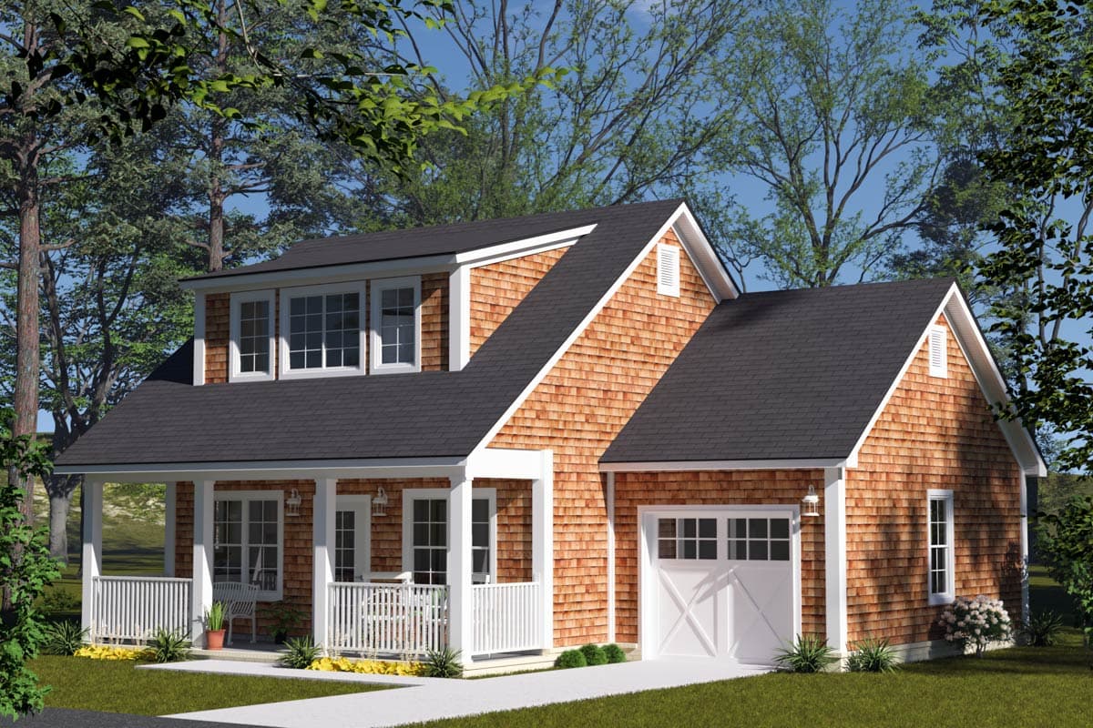 House plan exterior: two-story home with cedar shingles, wraparound porch, dormers, and attached garage.
