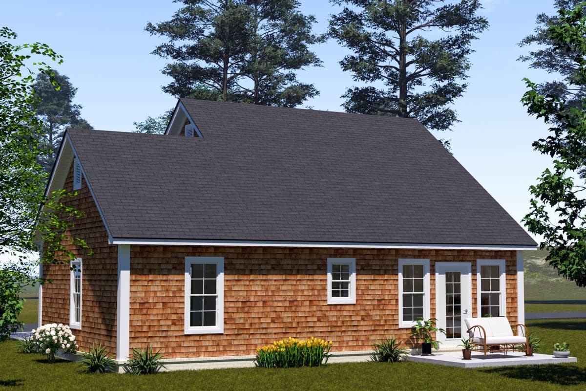House plan exterior, two-story with shake siding, gables, and multiple windows.