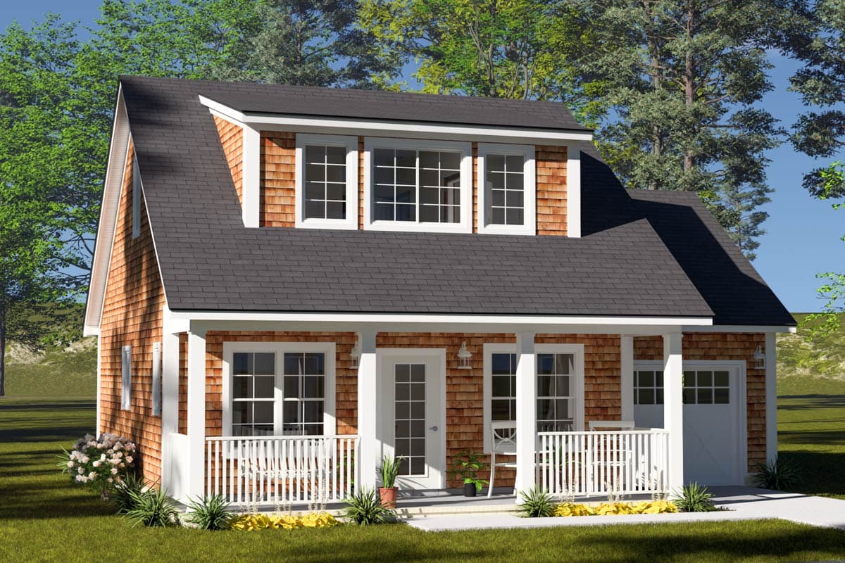 House plan exterior: Two-story cottage with cedar shingles, front porch with white railing, dormer windows, and attached garage.