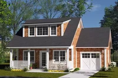 Compact 2-Bed Farmhouse House Plan with Covered Porch and 1 Car Garage