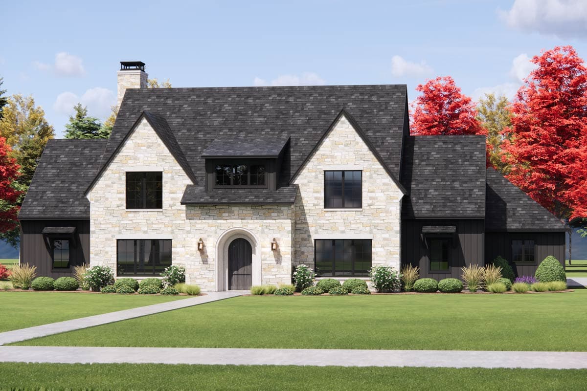 House plan exterior featuring stone facade, arched entry, multiple gables, dormer, and dark siding.