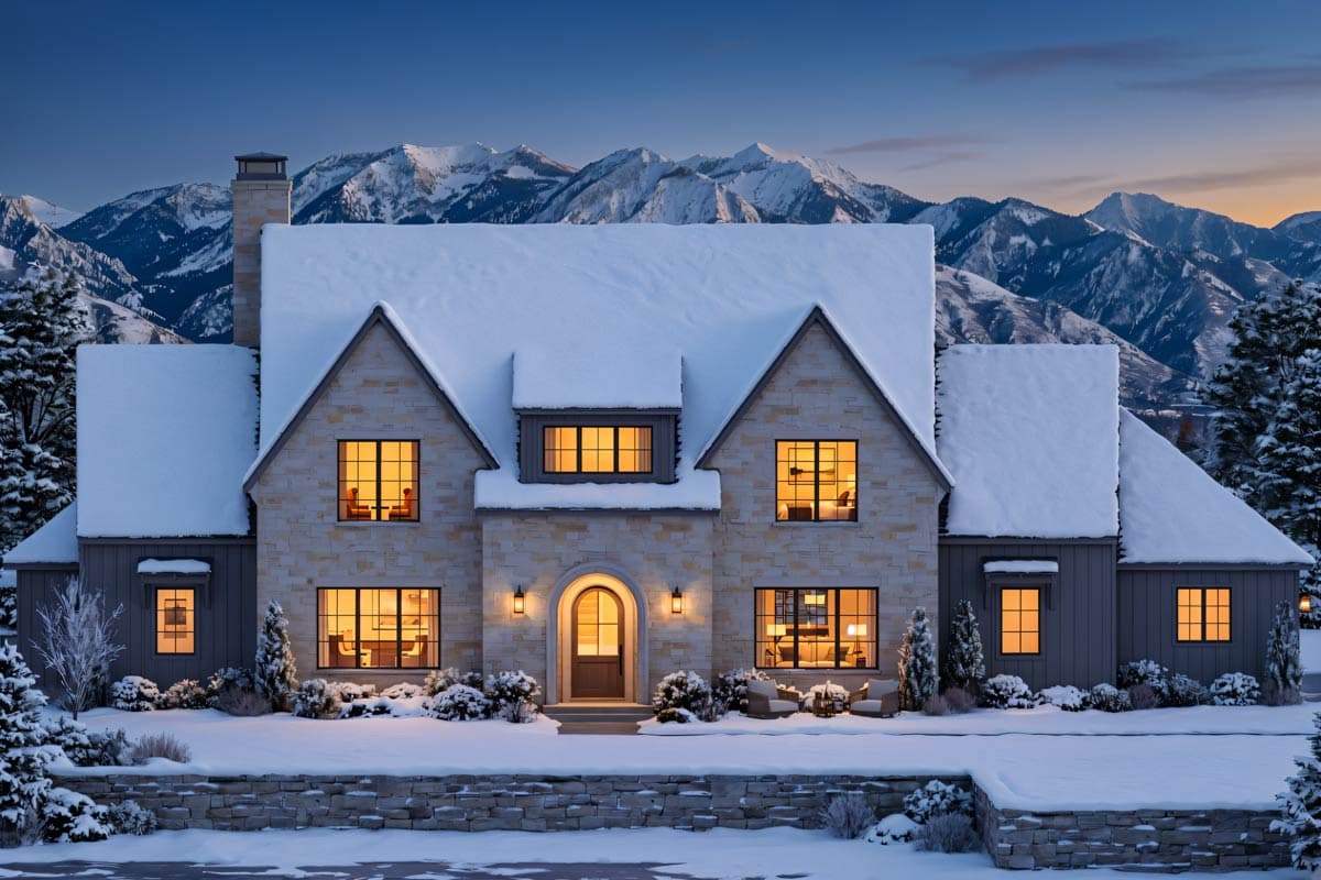 House plan exterior with stone facade, gabled rooflines, dormer windows, and arched entry.
