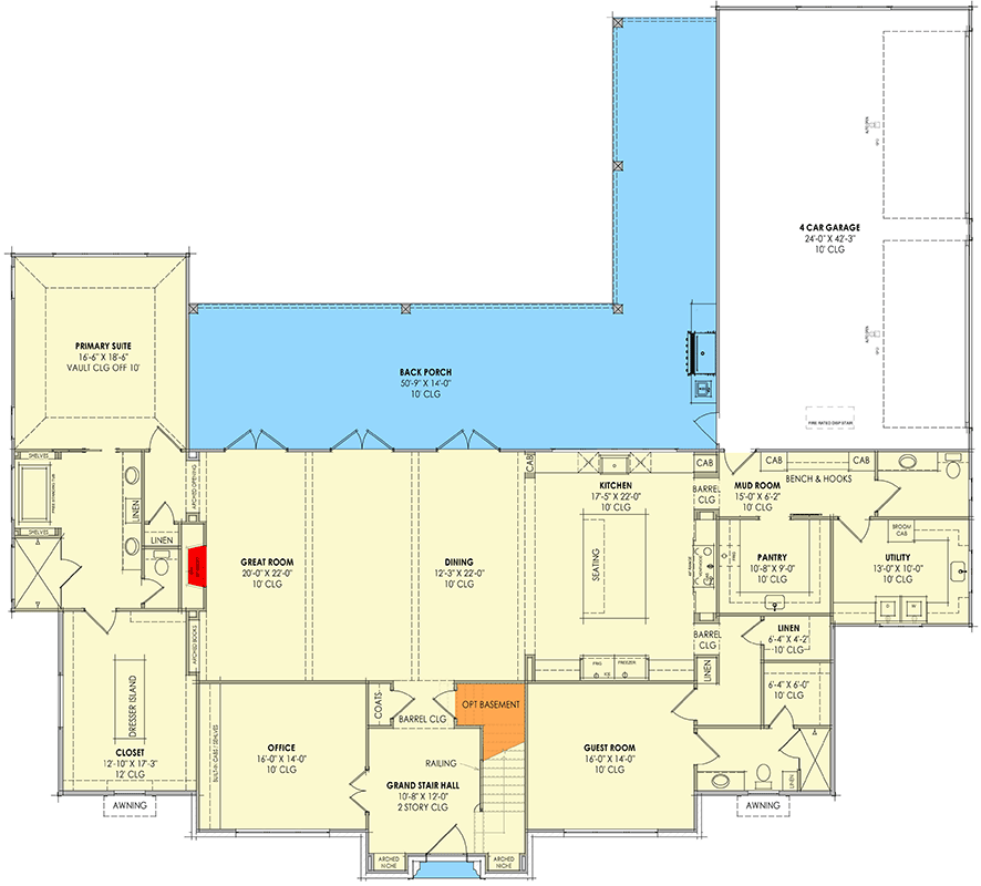 Plan 818187JSS: Grand European 5-Bedroom House Plan with 4-Car Garage and Rear Porch - Floor Plan - Main Level - European