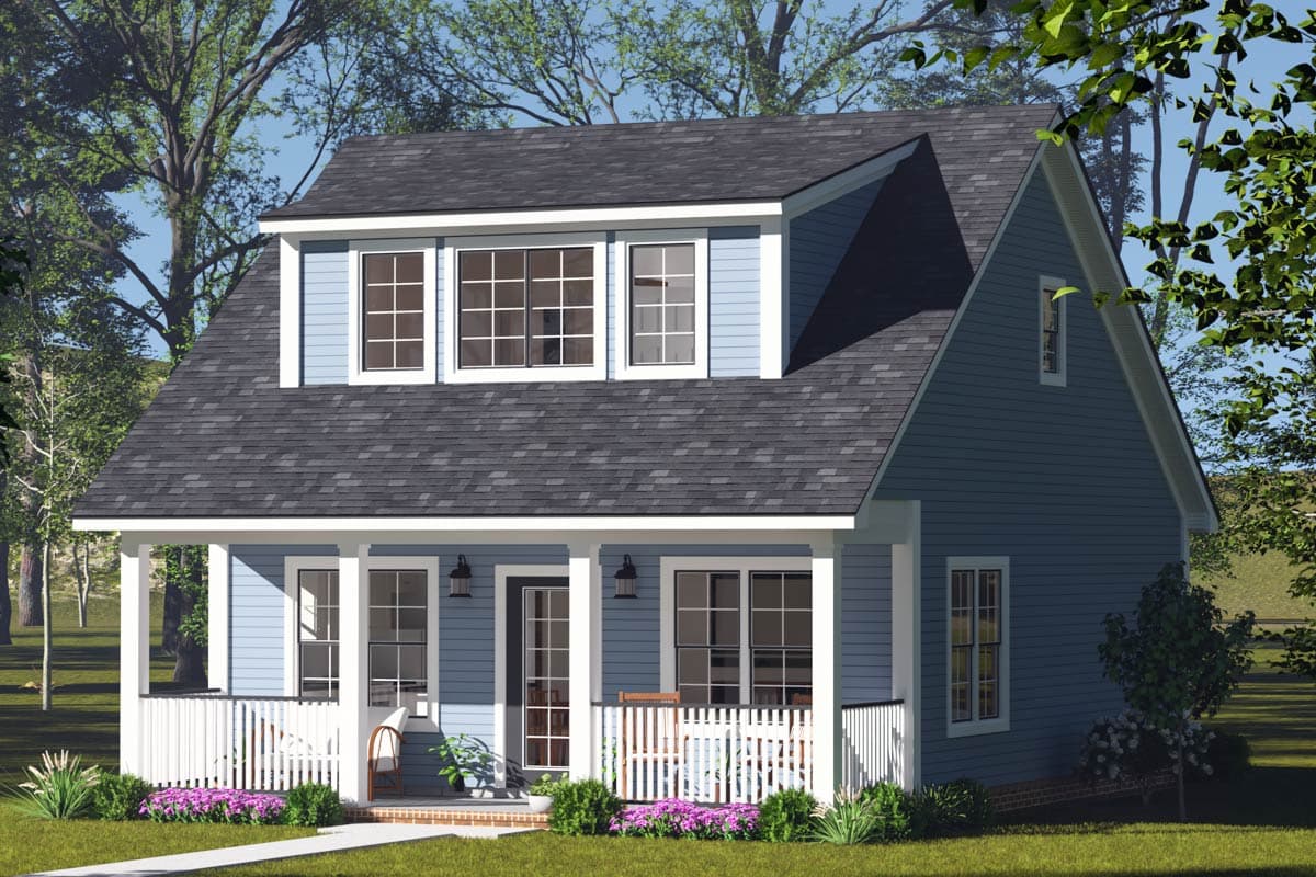 House plan exterior: Two-story blue house with covered porch, dormer, and gabled rooflines.