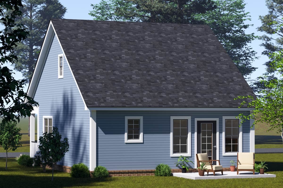 House plan exterior: One-story blue vinyl siding home with a gable roof, dormer, and brick foundation.