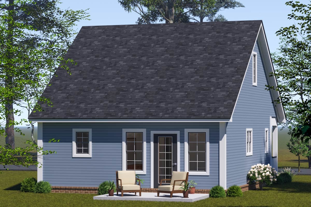 House plan exterior, gable roof, blue siding, central door with two windows, and a smaller side window.